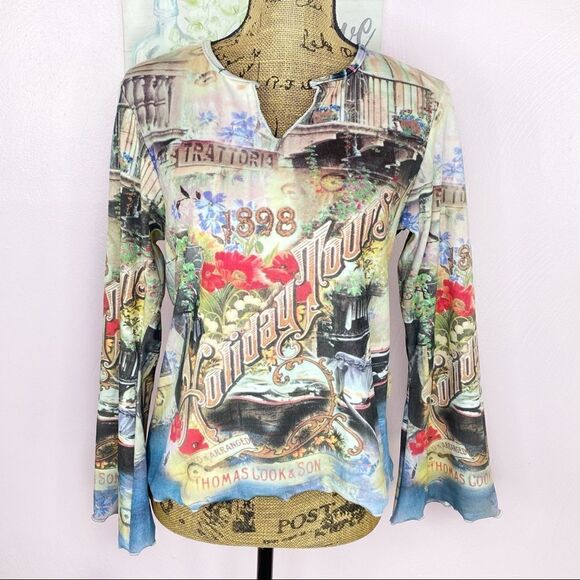 One World Velour Victorian Vintage Village Print Bell Sleeve Shirt PM - Picture 1 of 13